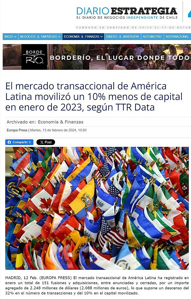 El mercado transaccional de Amrica Latina moviliz un 10% menos de capital en enero de 2023, segn TTR Data